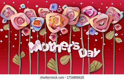 Happy Mothers day flower background. Colorful Paper cut Floral Greeting card. Vector illustration