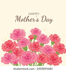 Happy Mother's Day flower background vector. Hand drawn floral cover design of Pink and red Carnation flowers, bouquet. Mother's day concept illustration for cover, banner, greeting card, poster.