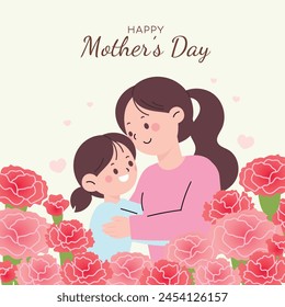 Happy Mother's Day flower background vector. Hand drawn floral wallpaper design of Pink and red Carnation flowers, mom hug daugther. Mother's day concept illustration for cover, greeting card