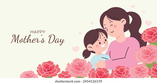 Happy Mother's Day flower background vector. Hand drawn floral wallpaper design of Pink and red Carnation flowers, mom hug daugther. Mother's day concept illustration for cover, greeting card