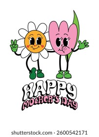 Happy mothers day with flower mascots in groovy style