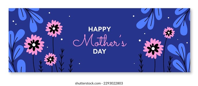 Happy mothers Day with flowers. Blooming plants im pink flowers with text. Aesthetics and elegance. Love, care and support. Poster or banner for website. Cartoon flat vector illustration