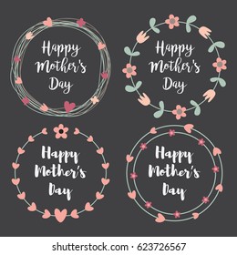 Happy Mothers Day with flowers greeting card set. Laurel, Floral wreath, Flower  Frames hand drawn for wedding invitation. 