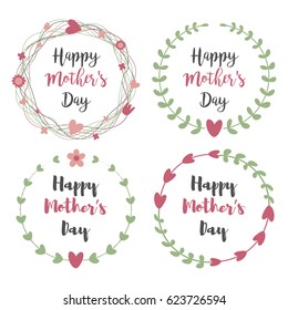 Happy Mothers Day with flowers greeting card set. Laurel, Floral wreath, Flower  Frames for wedding invitation.Calligraphy Vintage style on Chalkboard background with Heart.