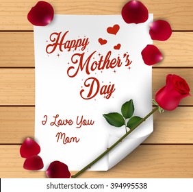 Happy Mothers Day with flowers roses and petals over paper on wooden background.Vector