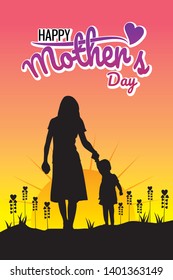 Happy Mother`s Day flyer, banner or poster, silhouette of a mother holding her son hand. Vector illustration