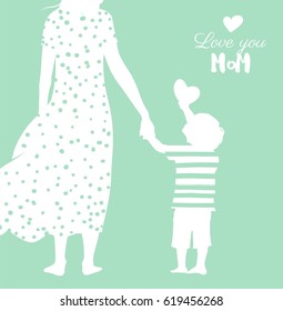 Happy Mother`s Day flyer, banner or poster, silhouette of a mother holding her child hand. Vector illustration