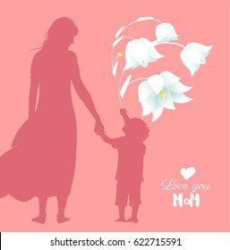 Happy Mother`s Day flyer, banner or poster, silhouette of a mother holding her child hand. Vector illustration