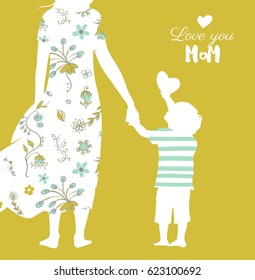 Happy Mother`s Day flyer, banner or poster, silhouette of a mother holding her child hand. Vector illustration