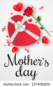 Happy Mothers day flyer. Top view. Romantic composition with gift box of pattern heart and rose flower. Festive web banner. Scattered confetti and hearts. Vector illustration. EPS 10.