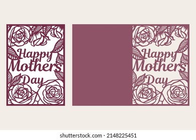 Happy Mother's Day fold card Laser cut template with cutout rose flowers, vector.