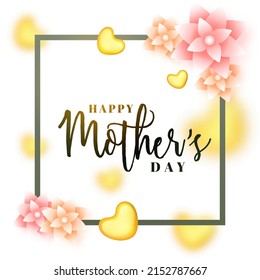 Happy Mother's Day Font With Glossy Flowers, Golden Hearts Decorated On White Background.