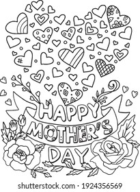 Happy Mother's day font with Hearts and rose. Hand drawn with black and white lines. Doodles art for Mother's day or greeting card. Coloring for adults and kids. Vector Illustration