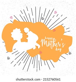 Happy Mother's Day Font With Paper Cut Female Playing Her Baby On Orange And White Rays Line Background.