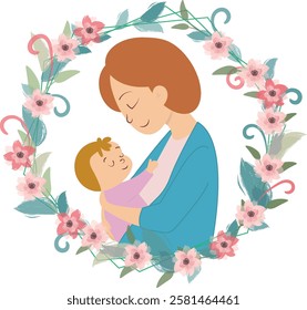 Happy Mother's Day, frame, flat vector illustration with flowers and leaves. Mom with a baby, a child in her arms. A sweet and loving mother adores her child.