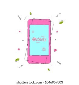Happy Mother's Day geometric badge with phone  isolated on white background. Vector Illustration.