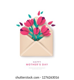 Happy Mothers Day gift, envelope with flowers. Vector illustration. Paper cut style blooming tulips, top view. Festive greeting concept.