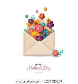 Happy Mothers Day gift, envelope with paper cut colorful flowers. Vector illustration. Festive greeting concept.