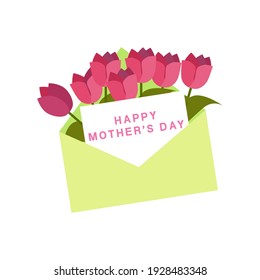 Happy Mothers Day gift, envelope with flowers. Vector illustration. Flat style blooming tulips, top view. Festive greeting concept.