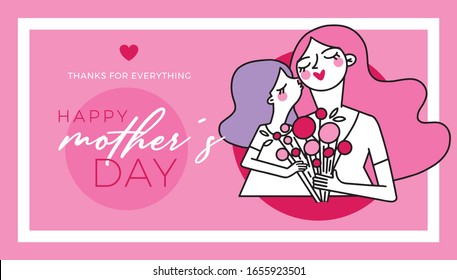 Happy mother's day. Girl gives flowers to her mother. Greeting card. Vector line ilustration. 