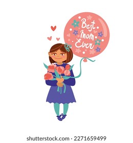 Happy mother's day. The girl holds a bouquet of flowers and a balloon in her hands to give to her mother. Vector illustration.