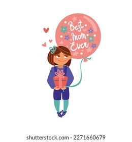 Happy mother's day. The girl holds gift box and a balloon in her hands to give to her mother. Vector illustration.
