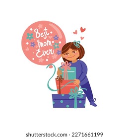 Happy mother's day. The girl preparation gifts for her her mother. Vector illustration.