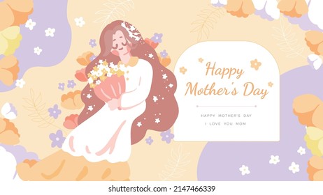 Happy mother's day girl in wedding dress holding bouquet on pastel color yellow background illustration
