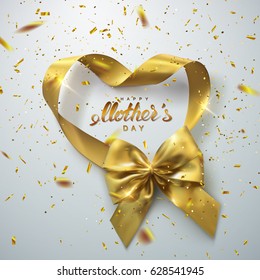 Happy Mothers Day. Golden Bow And Heart Looped Ribbon With Golden Sparkling Confetti Particles. Vector Holiday Illustration. Realistic Decoration Element For Design