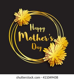 Happy Mother's Day. Golden foil Floral Greeting card. Women's day. Gold holiday background with paper cut Frame Flowers. Trendy Design Template for card, vip, certificate, gift, voucher, present.