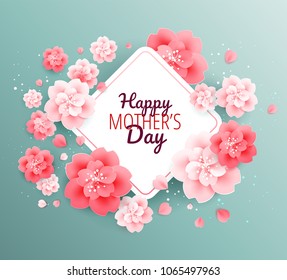 Happy Mothers Day green background with beautiful pink flowers - vector illustration