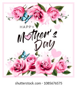 Happy Mothers Day greeting background with beautiful pink roses and butterfly. Vector