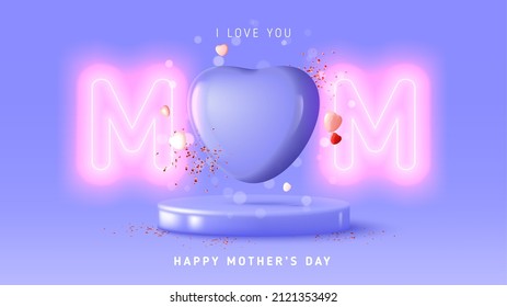 Felices antecedentes del día de la madre. Ilustración vectorial con letras brillantes de neón, corazones, confeti y podio sobre fondo violeta. Banner morado de feriado para promoción de eventos o felicitación.