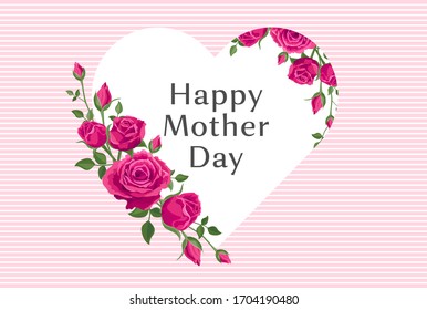 Happy mother's day greeting banner. Vector card, poster with beautiful pink roses and a vignette in the shape of a heart. Text Happy mother's day. Greeting for social media with unique  flowers