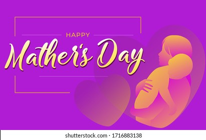 Happy mothers day greeting banner. Image of a mother who hugs a child against the background of a big heart. Beautiful inscription happy mothers day. Stock vector illustratio