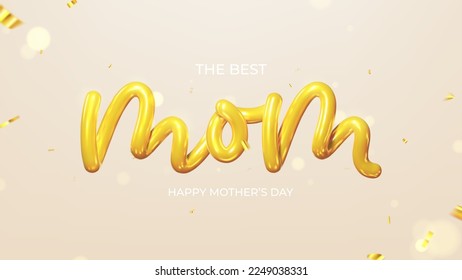 Happy mother's day greeting banner. Vector holiday illustration with golden 3d lettering MOM and falling confetti. Realistic 3d golden symbol of mother's day. The best mom.