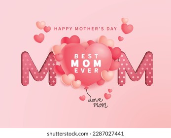 Happy Mother's day greeting banner with pink heart balloons on pink background. Vector illustration.