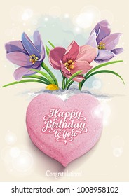 Happy Mother's day greeting card with beautiful flowers of crocus. Candy sweet heart. Invitation card. Valentine's day illustration