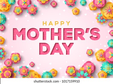 Happy Mother's Day Greeting Card, Paper cut with Spring Flowers on Light Background. Vector illustration. Place for your Text.