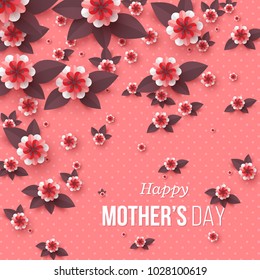 Happy Mother's day greeting card. Paper cut flowers, holiday background. Vector illustration.