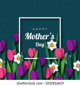 Happy Mother's day greeting card. Paper cut flowers tulips and narcissus, holiday background. Vector illustration.