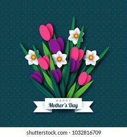 Happy Mother's day greeting card. Paper cut flowers tulips and narcissus, holiday background. Vector illustration.