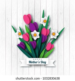 Happy Mother's day greeting card. Paper cut flowers tulips and narcissus, holiday background. Vector illustration.