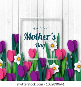 Happy Mother's day greeting card. Paper cut flowers tulips and narcissus, holiday background. Vector illustration.