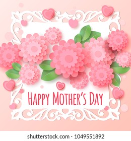 Happy mother`s day greeting card with paper flowers. Festive background.