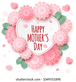 Happy mother`s day greeting card with paper flowers. Festive background.