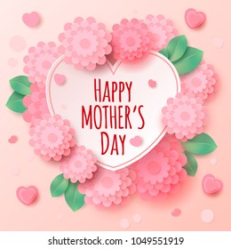 Happy mother`s day greeting card with paper flowers. Festive background.