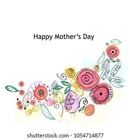 Happy Mother's day greeting card with colorful watercolor floral background and spring flowers