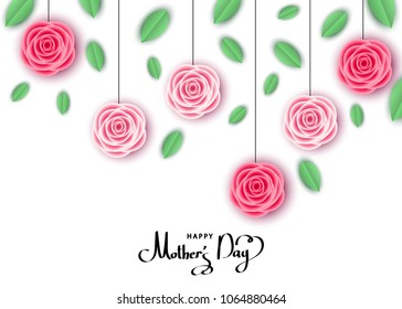 Happy mother's day greeting card with hanging pink  roses, lettering.  Flowers for banners,  posters, voucher discount, sale advertisement template.  Floral background. Vector.