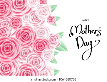 Happy mother's day greeting card with  pink roses, lettering.  Flowers for banners,  posters, voucher discount, sale advertisement template.  Floral background. Vector.